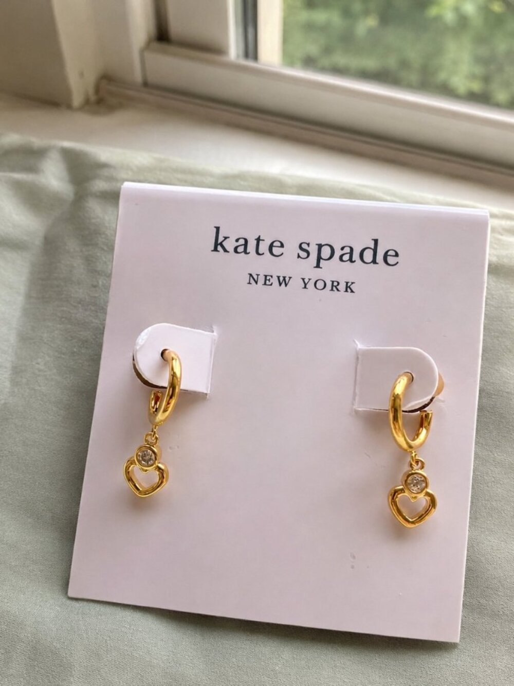 Kate Spade shining spade Gold huggie Earrings Heart Charm Cryatal Accent